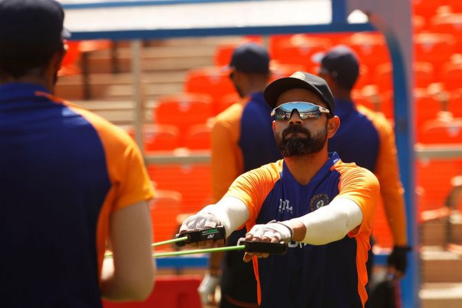 Virat Kohli at a practice session at the Motera Stadium in Ahmedabad on Saturday