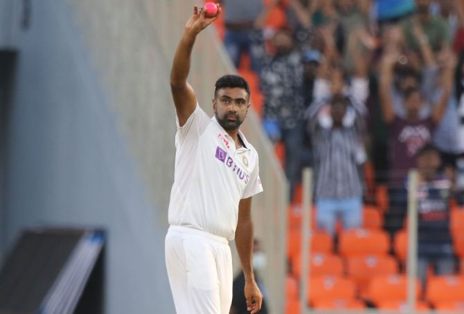 Ravichandran Ashwin celebrates after dismissing Jofra Archer and picking his 400th wicket on Day 2 of the third Test in Ahmedabad. 