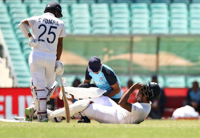 Hanuma Vihari receives treatment for a leg injury sustained early during his gutsy knock on day 5. 