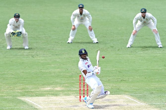 India debutant Washington Sundar takes evasive action from a rising delivery while batting on Day 3 of the fourth Test against Australia, at the Gabba, in Brisbane, on Sunday.