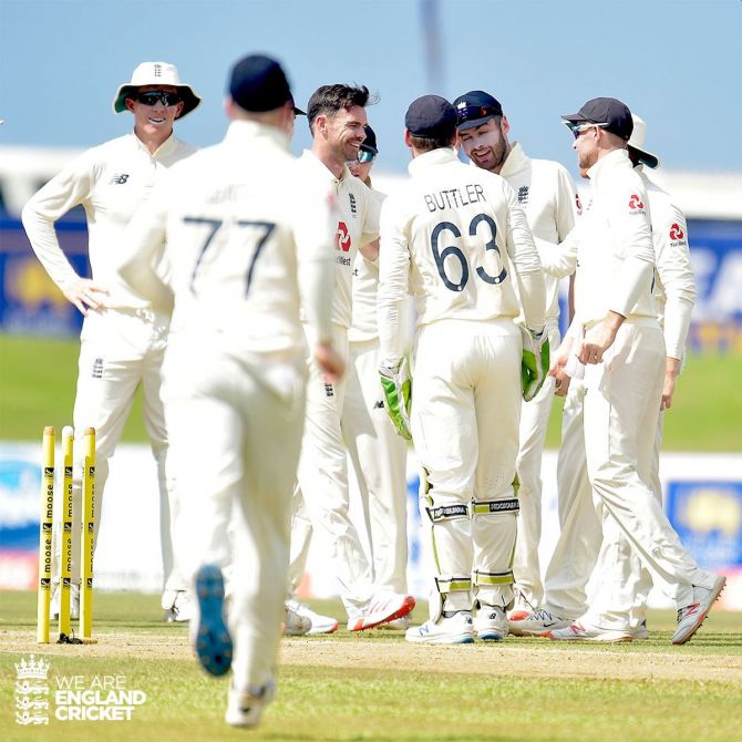 James Anderson celebrates with teammates after scalping the wicket of Sri Lanka opener opener Lahiru Thirimanne on Day 1 of the 2nd Test in Galle on Friday
