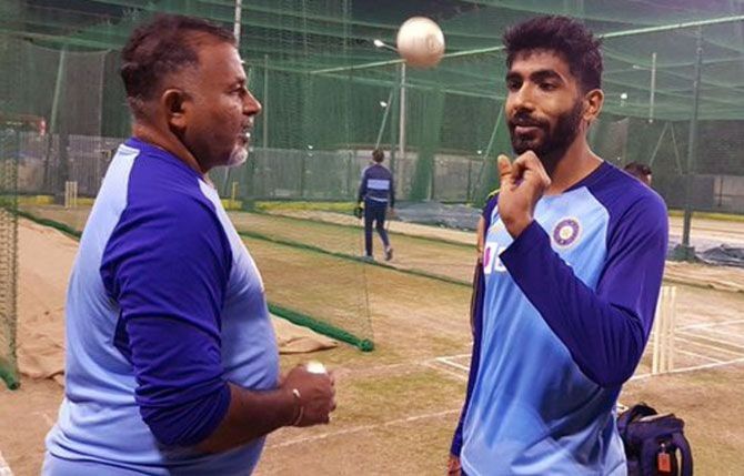 Jasprit Bumrah, right, with Indian team's bowling coach Bharat Arun. Speaking to media in an online press conference, Arun said the ploy to strangle the Australians was Head Coach Ravi Shastri's brainchild.