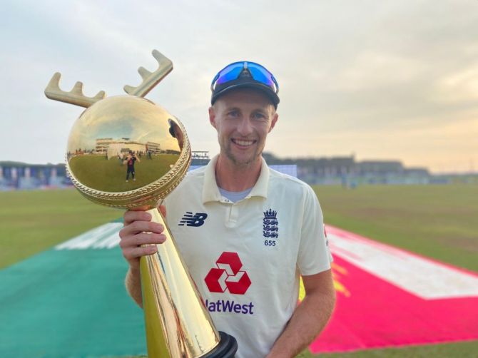 England captain Joe Root with the trophy after winning the Test series against Sri Lanka 2-0 in Galle on Monday
