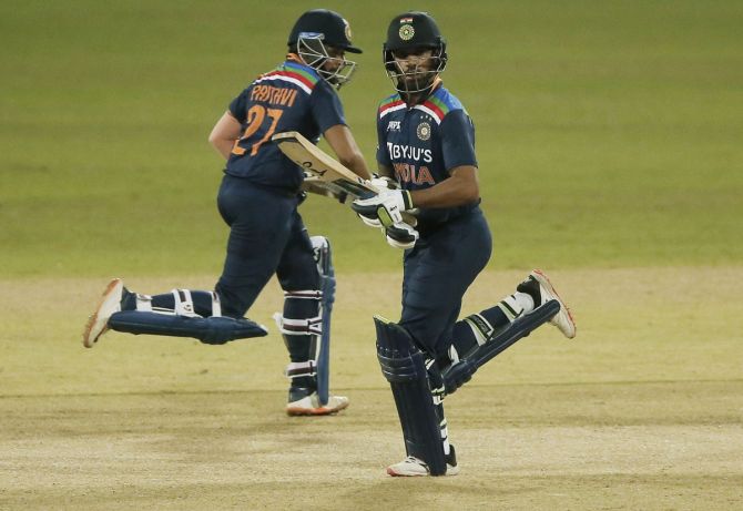 Shikhar Dhawan and Prithvi Shaw run between the wickets during the first ODI against Sri Lanka, in Colombo, on Sunday.