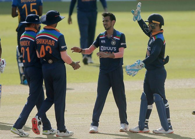 India's Yuzvendra Chahal celebrates with teammates after dismissing Sri Lanka's Minod Bhanuka during the second ODI in Colombo on Tuesday.