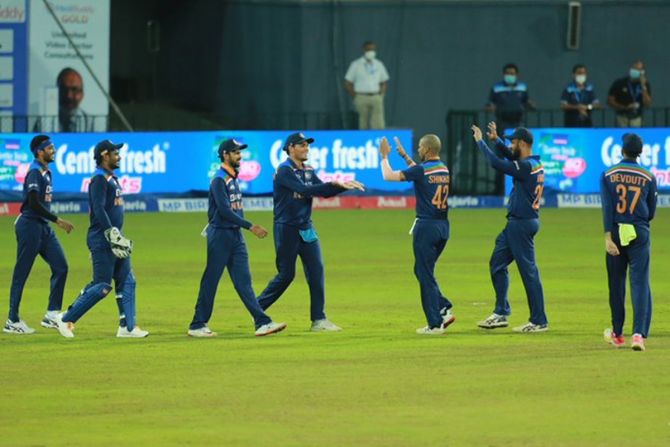 India’s players celebrate the fall of a Sri Lanka wicket during the second T20 International, in Colombo, on Thursday