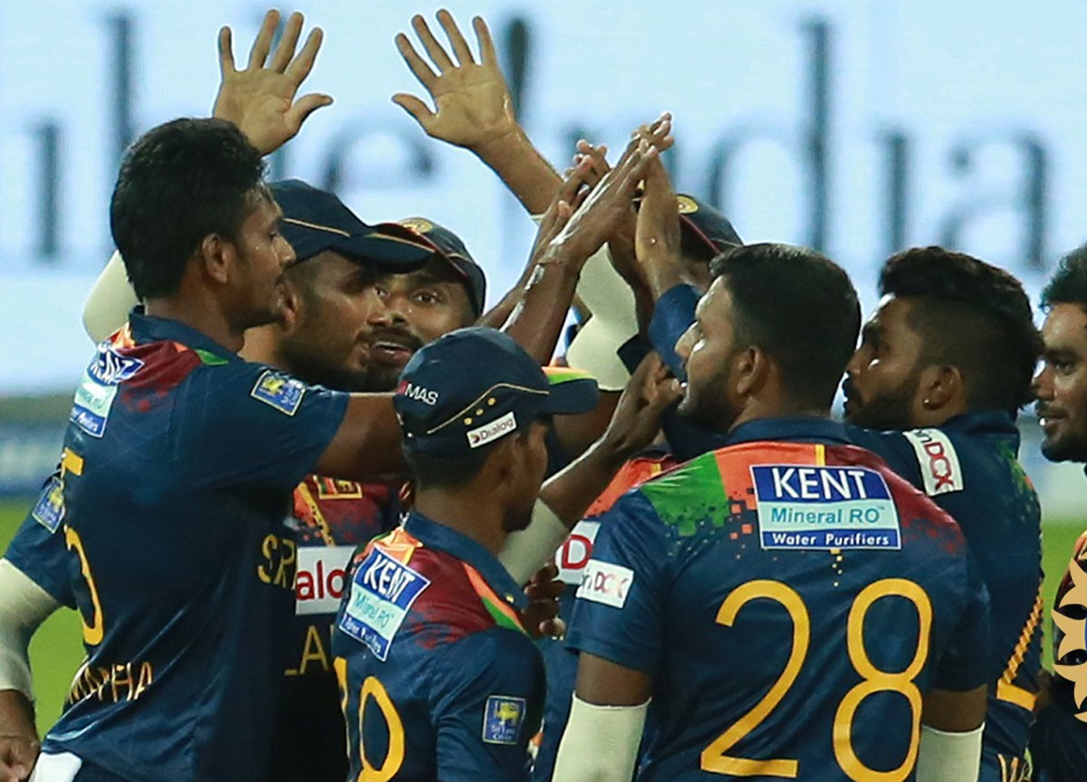 Sri Lanka's players celebrate the fall of an Indian wicket during the third and final T20 in Colombo on Thursday 