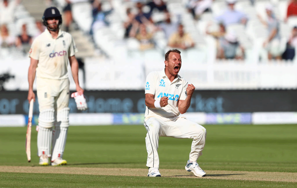 Neil Wagner celebrates on trapping Joe Root leg before wicket in the third session