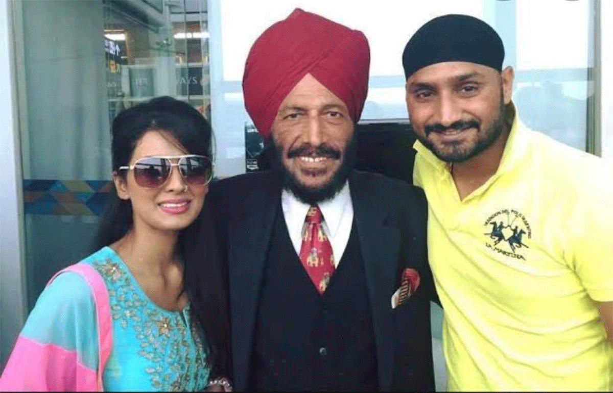 Harbhajan Singh and wife Geeta Basra with Milkha Singh 