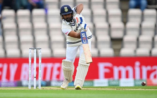 India's Rohit Sharma plays a defensive shot during Day 2 of the ICC World Test Championship Final against New Zealand, at The Hampshire Bowl, on Saturday