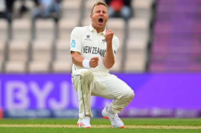 New Zealand pacer Neil Wagner celebrates taking the wicket of India opener Shubman Gill during Day 2 of the ICC World Test Championship final, at The Hampshire Bowl, on Saturday. 