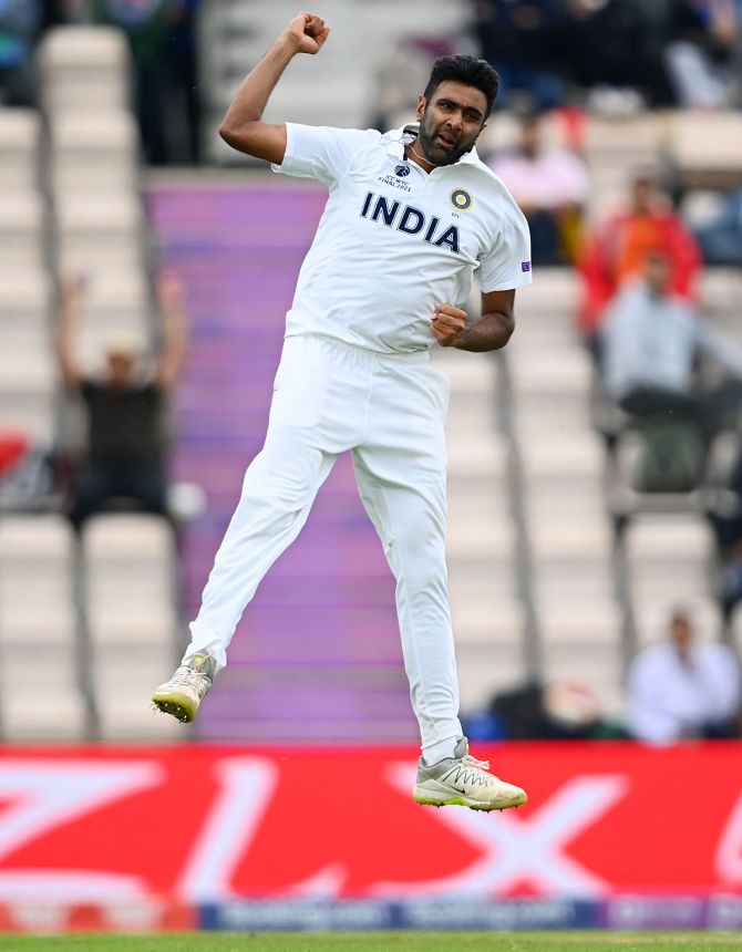 India spinner Ravichandran Ashwin celebrates taking the wicket of Tom Latham