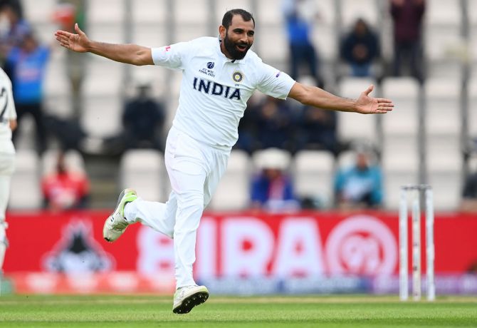 India pacer Mohammed Shami celebrates taking the wicket of New Zealand's BJ Watling during Day 5 of the World Test Championship Final, at The Hampshire Bowl in Southampton, on Tuesday.