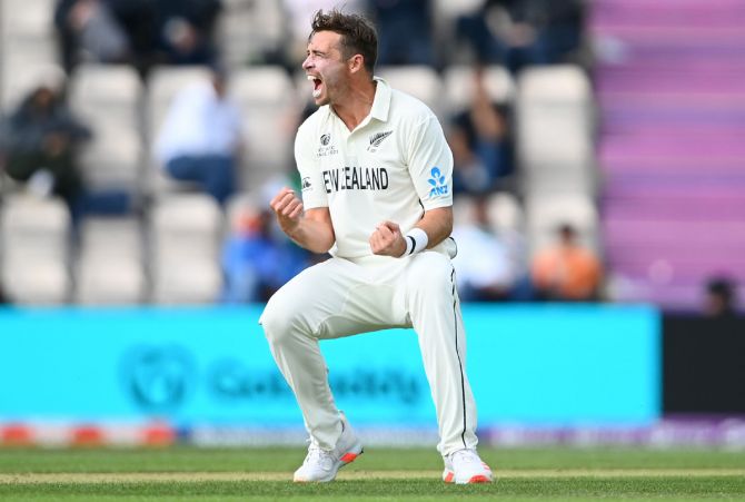 New Zealand pacer Tim Southee celebrates dismissing India opener Shubman Gill in the second innings on Day 5 of the rain-hit World Test Championship final, in Southampton, on Tuesday.