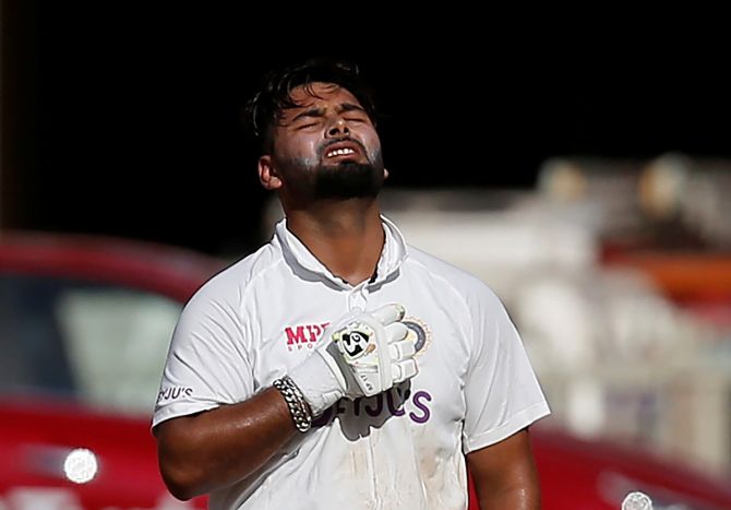 India's Rishabh Pant reacts after completing his century on Friday, Day 2 of the fourth Test against England