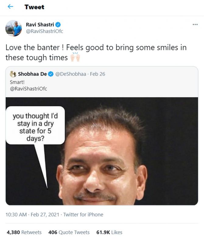 Ravi Shastri's sporty reply to meme shared by socialite Shobbaa De