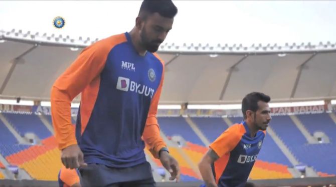 KL Rahul and Yuzvendra Chahal train at the nets session on Tuesday