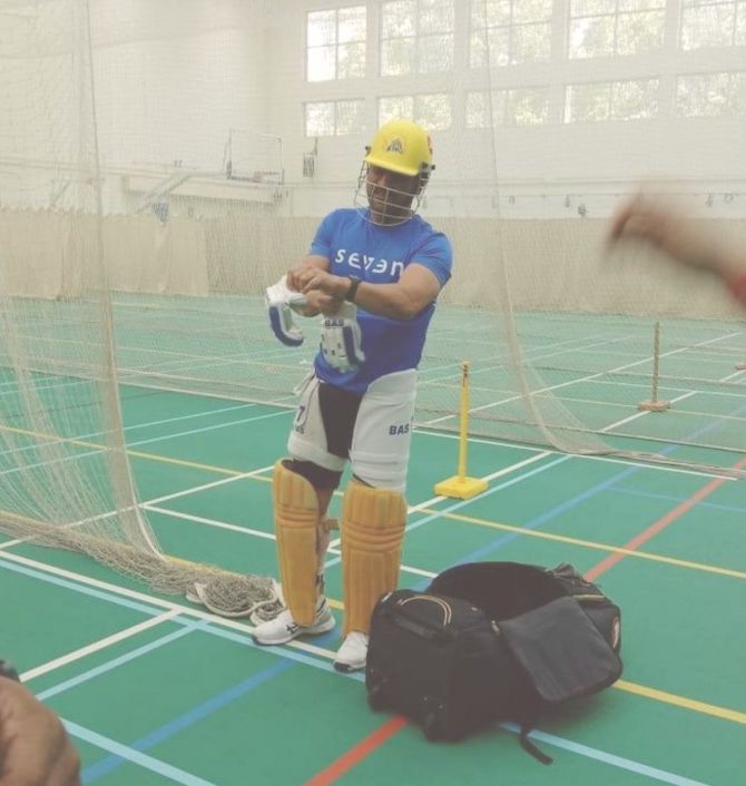 Chennai Super Kings captain and legend at an indoor nets session in Chennai on Monday