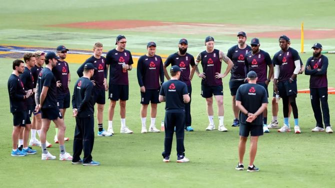 The Eoin Morgan-lead England team at a training session in Ahmedabad on Thursday