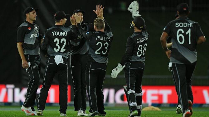 New Zealand players celebrate a Bangladesh wicket in their 28-run win in a rain-affected 2nd T20I on Tuesday