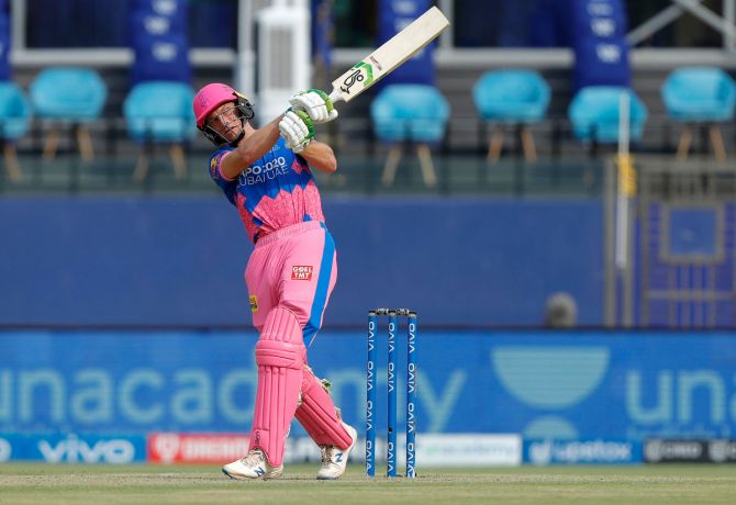 Rajasthan Royals opener Jos Buttler hits a six during the IPL match against SunRisers Hyderabad 