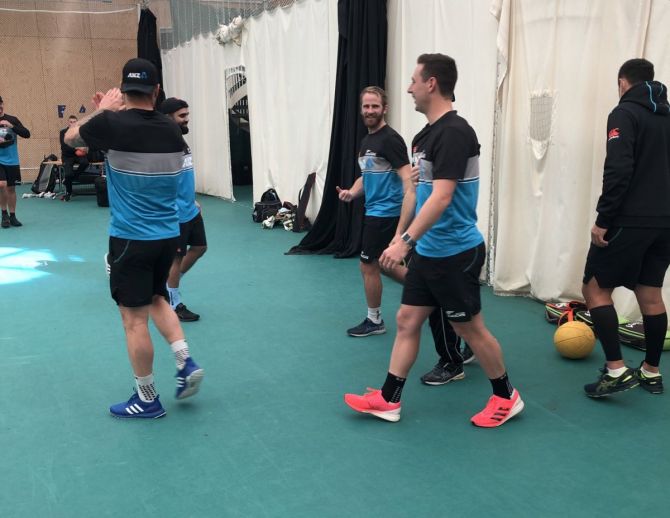 New Zealand skipper Kane Williamson participates in a training session on Monday