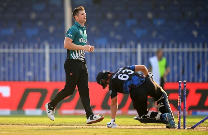New Zealand pacer Jimmy Neesham celebrates the wicket of Namibia opener Michael van Lingen in the T20 World Cup Super 12s match, at Sharjah Cricket Stadium, on Friday.