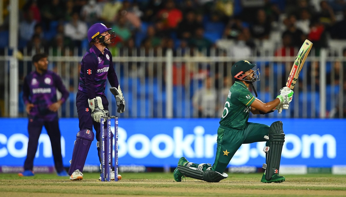Pakistan opener Babar Azam hits a six during his 66 off 47 balls