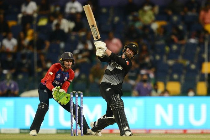 New Zealand's Devon Conway plays a shot during the T20 World Cup, semi-final against England, at Sheikh Zayed Stadium in Abu Dhabi, on Wednesday.