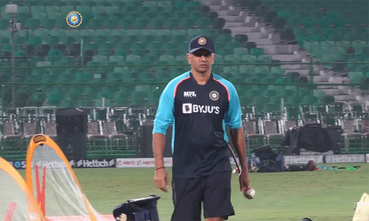 Rahul Dravid walks out for a nets session in Jaipur on Monday