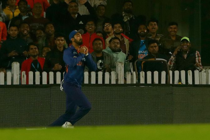 K L Rahul takes the catch to dismiss Mark Chapman.