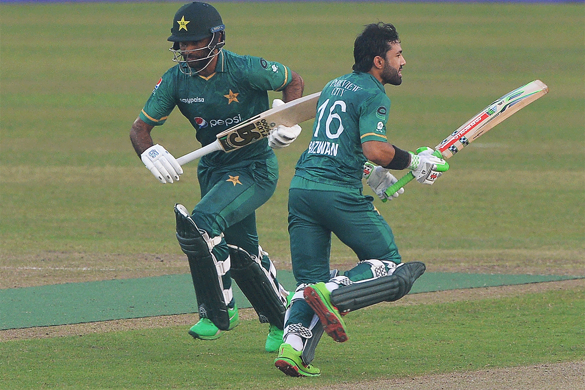 FakharZaman and Mohammad Rizwan run between the wickets as they made light work of the chase to beat Bangladesh by 8 wickets in Dhaka on Saturday