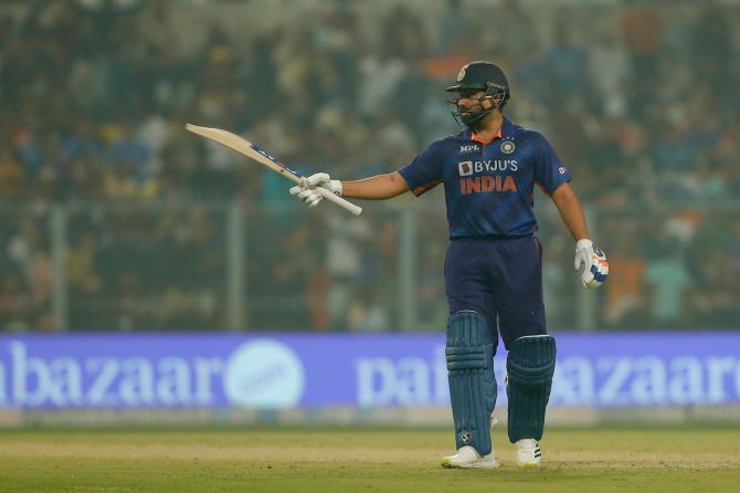 Rohit Sharma acknowledges the applause from the Eden Gardens crowd after completing his 26th T20I half-century.