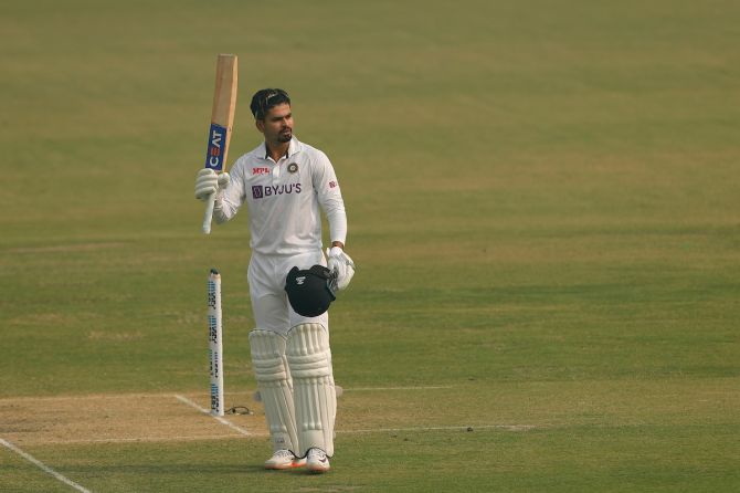 Shreyas Iyer waves to the dressing room after scoring a hundred on debut on Day 2 of the first Test against New Zealand, in Kanpur, on Friday.