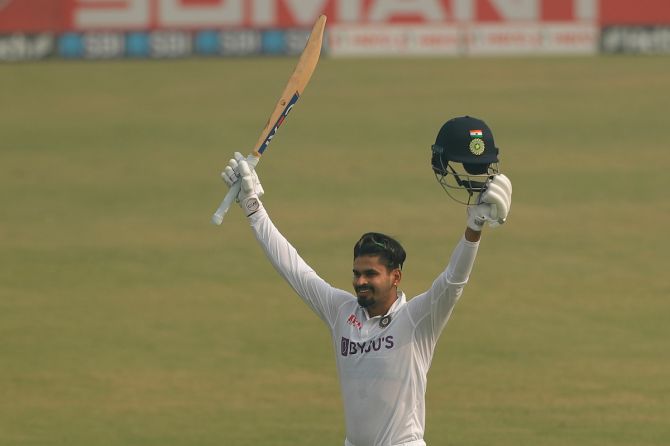 India's Shreyas celebrates after getting to his century on Day 2 of the first Test against New Zealand, at Green Park Stadium in Kanpur, on Friday.