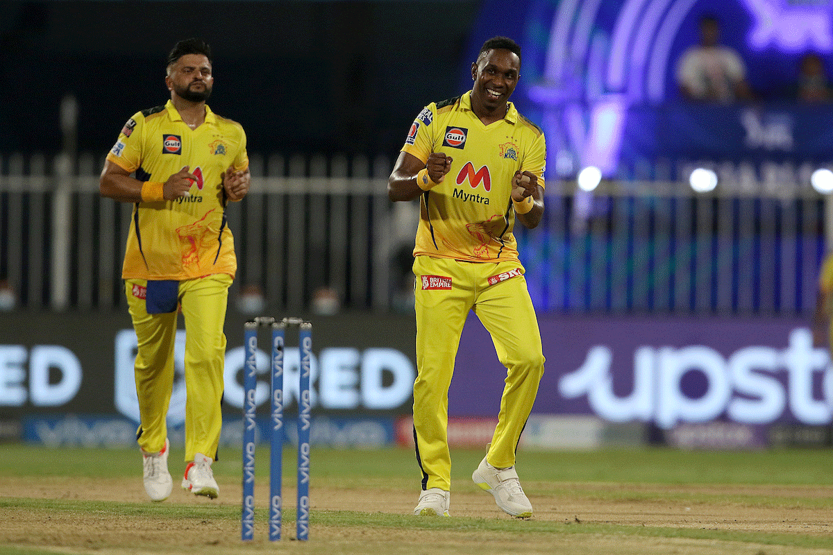 Dwayne Bravo celebrates after takes a wicket of Sunrisers Hyderabad's Priyam Garg on Thursday. Bravo is just seven wickets away from becoming the highest wicket taker in the IPL.