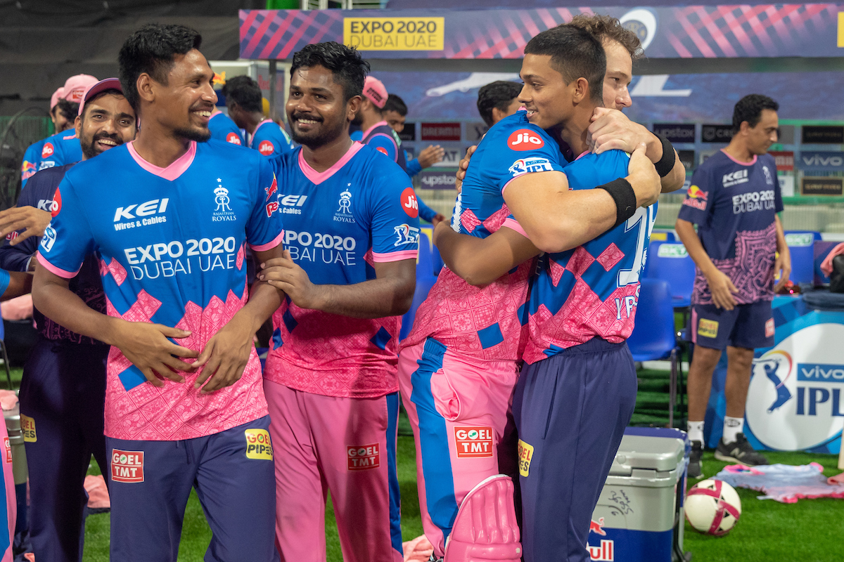Rajasthan Royals players celebrate after pulling off a stunning run-chase against Chennai Super Kings in the IPL match in Abu Dhabi on Saturday.