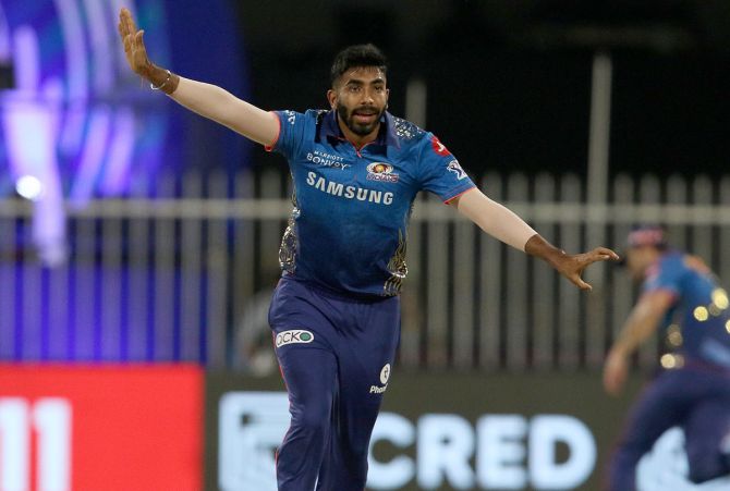 Jasprit Bumrah successfully appeals for the wicket of Evin Lewis.