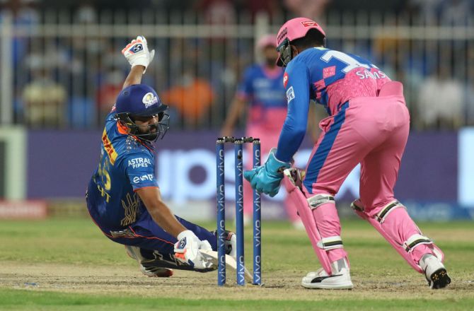 Sanju Samson misses the stumping against Mumbai Indians captain Rohit Sharma off Shreyas Gopal's bowling