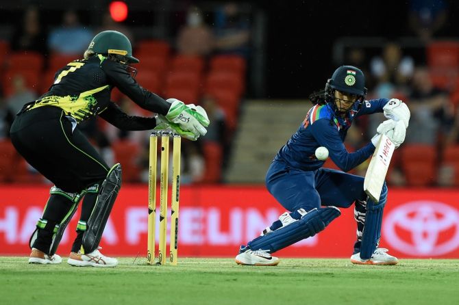 India's Jemimah Rodrigues bats during the first women's T20 International against Australia, at Metricon Stadium in Gold Coast, Australia, on Thursday.