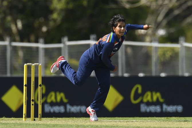 India spinner Poonam Yadav bowls during the first women's One Day International against  Australia, at Great Barrier Reef Arena in Mackay, Australia, on September 21, 2021.