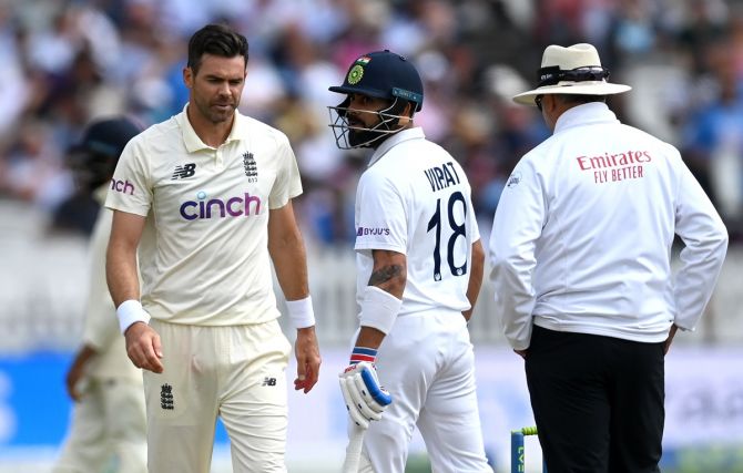 England bowler James Anderson and India captain Virat Kohli exchange words  during Day 4 of the second Test at Lord's, on August 15, 2021.