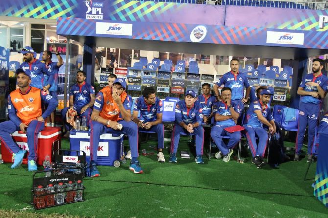 Delhi Capitals players react after losing the Qualifier 2 match in the Indian Premier League to Kolkata Knight Riders, at the Sharjah Cricket Stadium, on Wednesday.