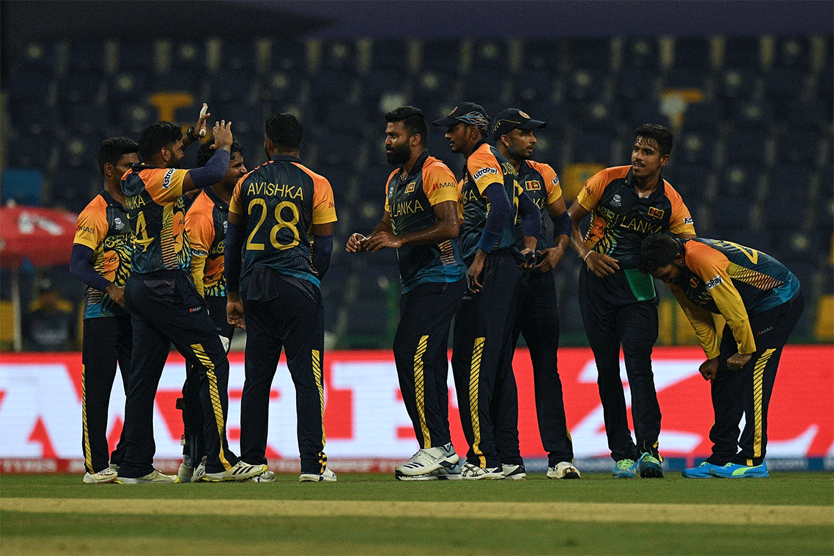 Sri Lanka players celebrate after defeating Ireland in the T20 World Cup match on Wednesday