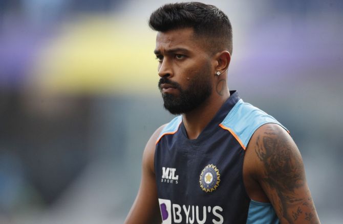 India's Hardik Pandya warms-up ahead of the T20 World Cup match against Pakistan in Dubai on Sunday.