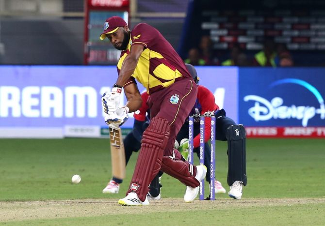 West Indies captain Kieron Pollard bats during the ICC men's T20 World Cup Super 12 Group 1 match against England