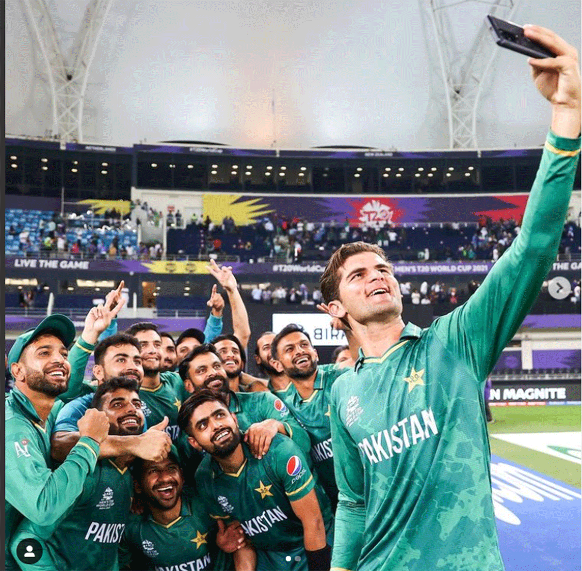 The Pakistan cricket team celebrates with a selfie after beating India in their T20 World Cup campaign opener in Dubai on Sunday