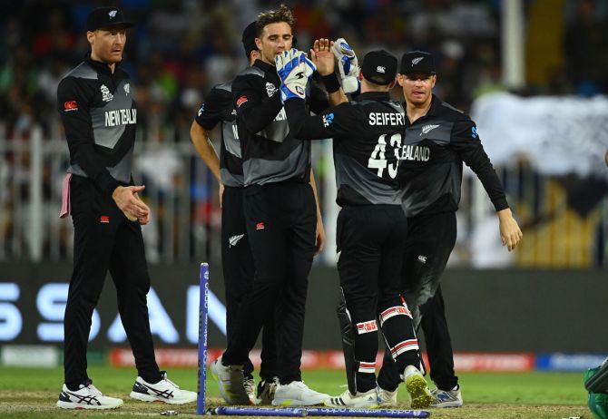 New Zealand pacer Tim Southee celebrates after bowling Pakistan opener Babar Azam