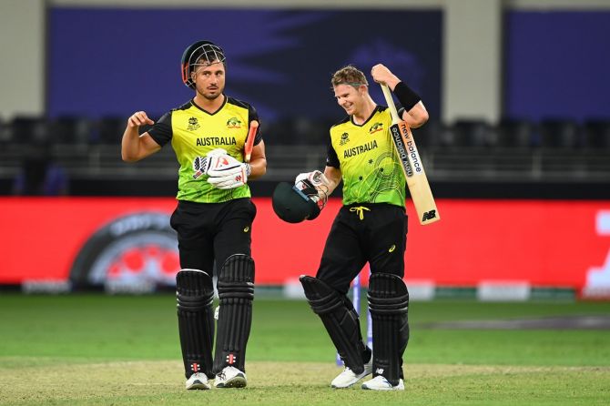 Marcus Stoinis and Steven Smith celebrate completing an easy victory over Sri Lanka.