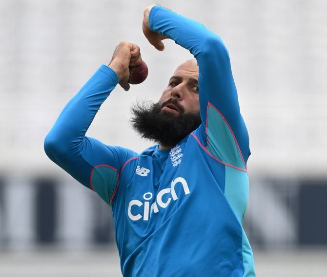England all-rounder Moeen Ali bowls during a nets session at The Kia Oval ahead of the fourth Test against India. 